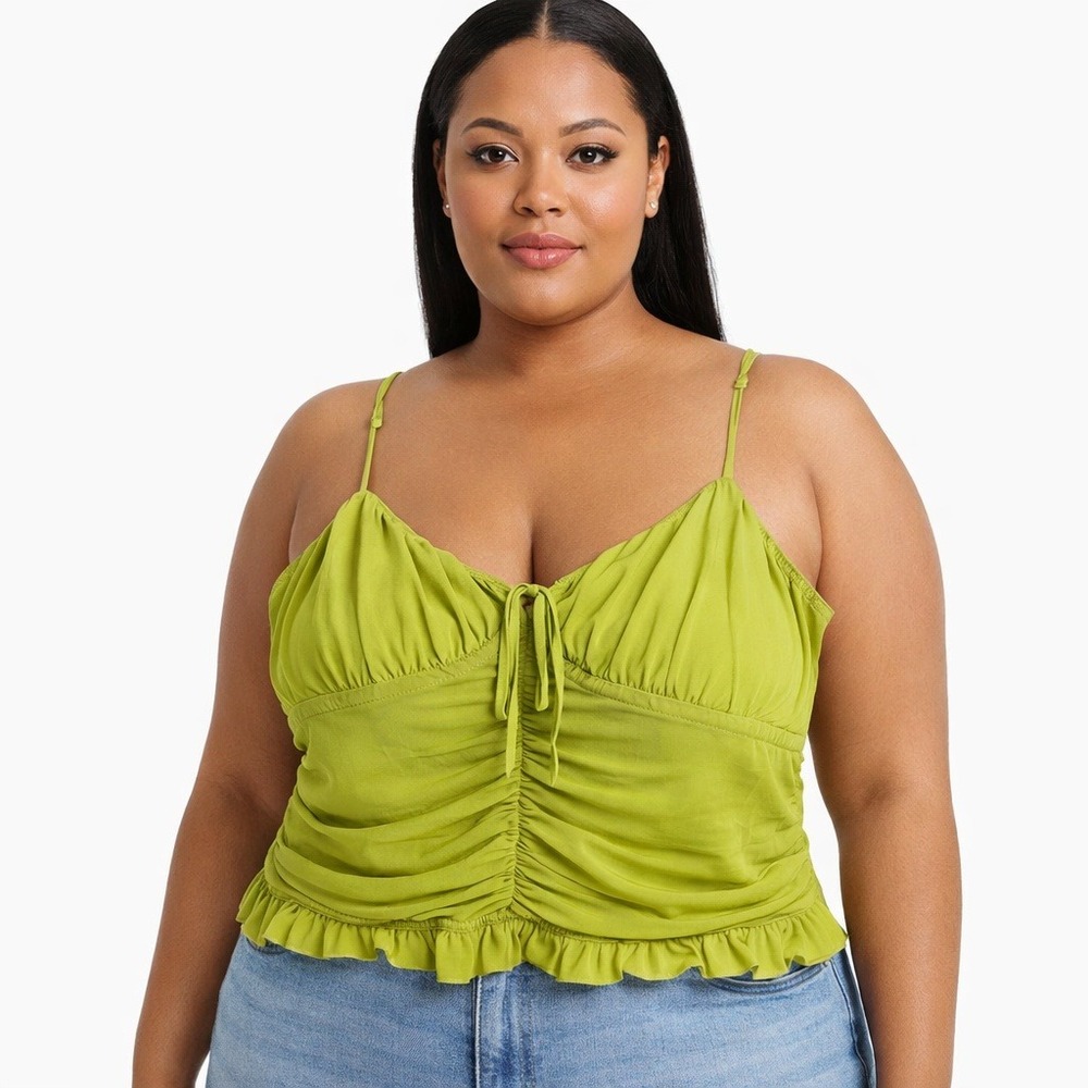 Meraki Cropped Ruched Tank Top Lime Neon Green Ruffle Feminine Going Out Size XL